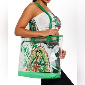 NWT Ed Hardy Virgin de Guadalupe Clear Floral Tote Bag $159 Green